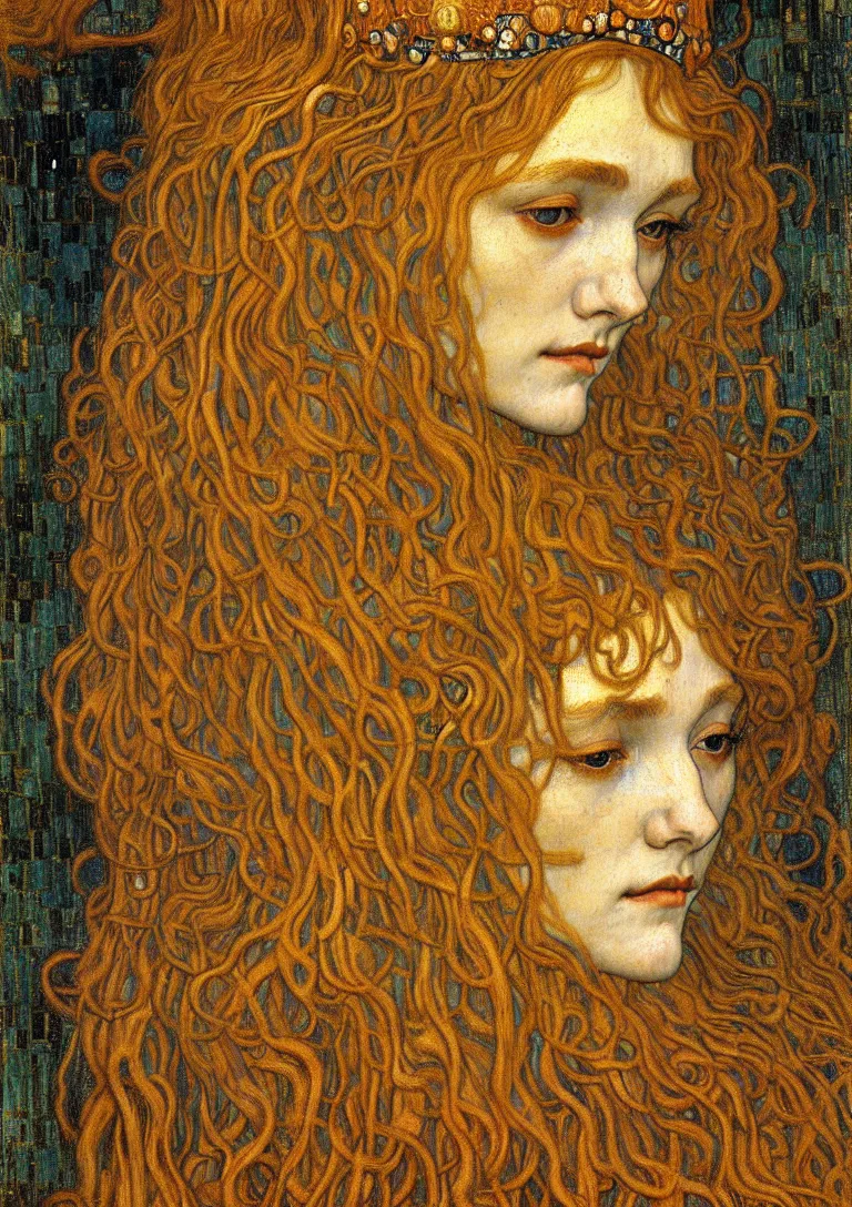 Image similar to detailed realistic beautiful young medieval queen face portrait by jean delville, gustav klimt and vincent van gogh, art nouveau, symbolist, visionary, gothic, pre - raphaelite, muted earthy colors, desaturated