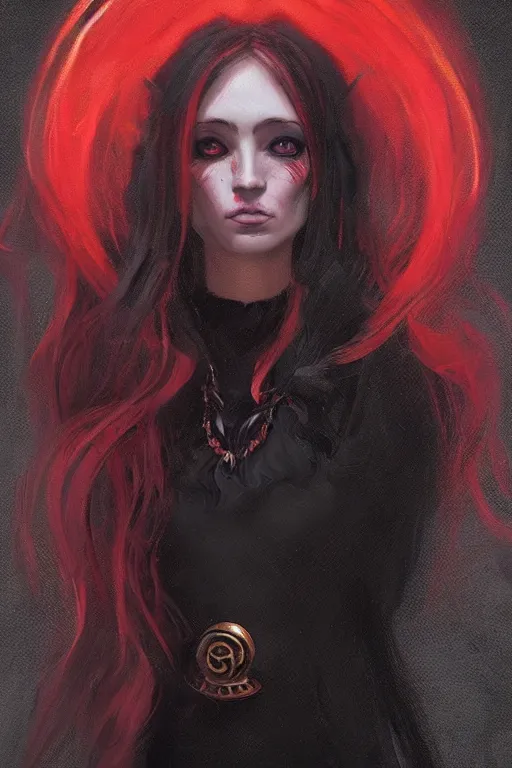 Image similar to female occultist, sweeping wild blonde hair!!, red eyes!!, portrait, high cheekbones, smug, evil, Victorian, black velvet dress, dark colors, ruby jewelry, moody, nefarious, villain, crimson halo, fantasy painting, trending in artstation, cgsociety, by Craig Mullins, Charlie Bowater, Brom