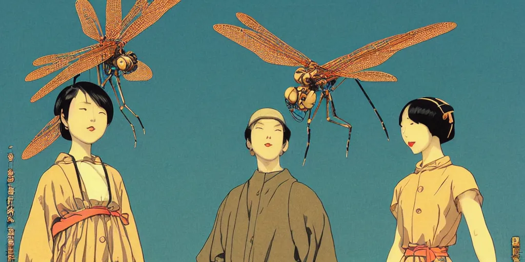 Image similar to gigantic dragonflies with human faces catch tiny robots, a lot of exotic mechas robots around, human heads everywhere, risograph by kawase hasui, dirtyrobot, edward hopper, satoshi kon and moebius, colorful flat surreal design, super - detailed, a lot of tiny details, full - shot, grainy