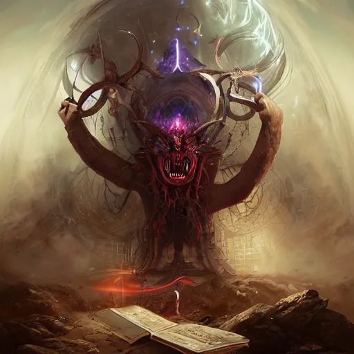 Prompt: ultradetailed satanic demigod opening cybernetic portal to insanity dimension by peter mohrbacher and emmanuel shiu and martin johnson heade and bastien lecouffe - deharme