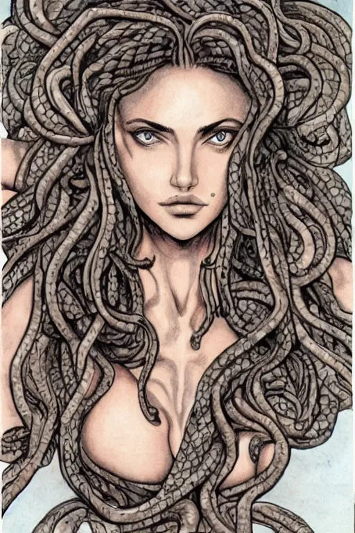 Prompt: beautiful head of medusa from greek mythology in berserk manga, angelina jolie smiling seductive expression, big snakes heads with open mouth, snakes in place of hair, manga drawing, by kentaro miura