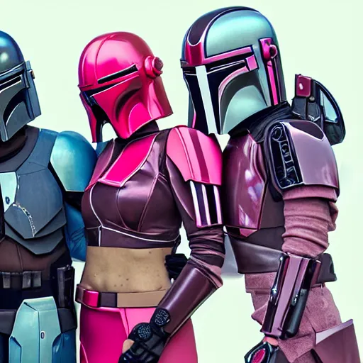 Prompt: bo katan, koska reeves, and a very fancy female mandalorian in a pink suit and bedazzled helmet. digital art. photo realistic. 4 k. intricate. detailed. by krenz cush art simon gets her.