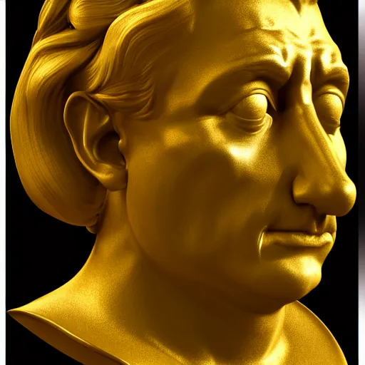 Prompt: a realistic render of a distorted golden Roman bust, high contrast lighting, 4k, concept art