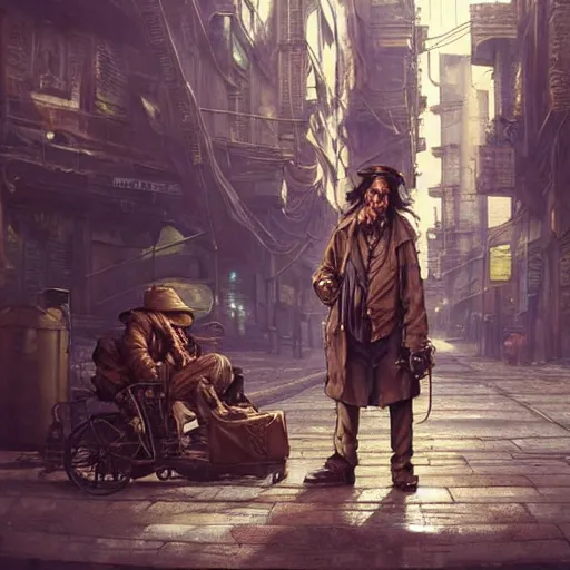 Prompt: A steampunk very detailed homeless person with highly detailed face on the street of a very highly detailed steampunk city art by Greg Rutkowski, neofuturistic highly detailed, digital concept art, Dimensional cyan gold natural light, sharp focus, Golden Ratio illustration, realistic concept art by Stephen Hickman and James Gurney and Hiromasa Ogura Ghost in the Shell rendered in Octane Render