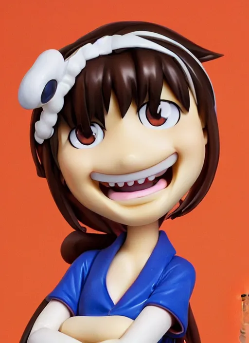 Prompt: a spoof panting of a kawaii anime girl figurine caricature with a big dumb grin featured on Wallace and Gromit by Quentin Matsys