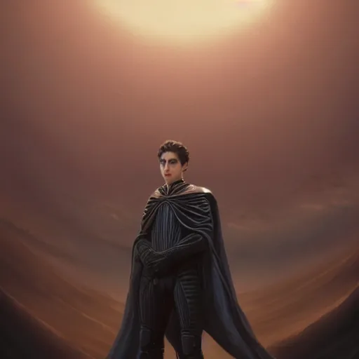 Image similar to realistic paul atreides emperor of the known universe, perfect dramatic and dark portrait by rabbitary b, trending on artstation, deviantart, dune, low angle oil painting and composition laws, dark foggy background, timothee chalamet but he is older, denis villeneuve cinematography