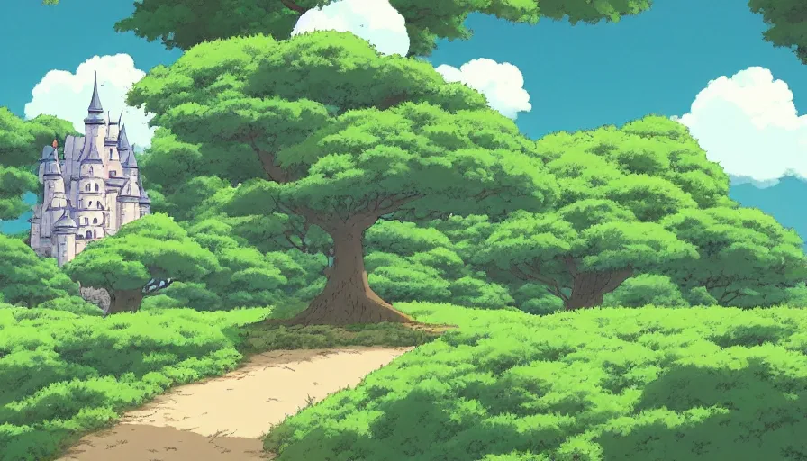 Prompt: a landscape of a single tree with bushes nearby, studio ghibli, castle in the sky, animated, anime, illustrated, vibrant, by cliff chiang, background on artstation