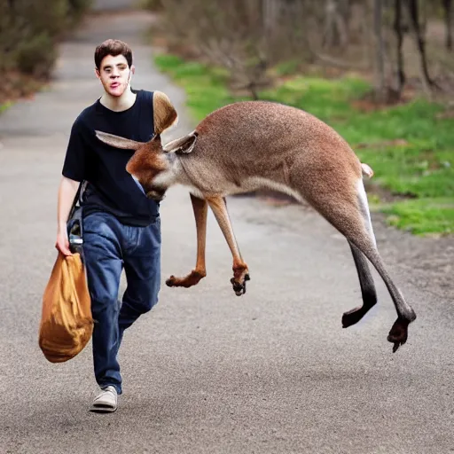 Image similar to Pete Davidson walking a kangaroo, 4k, photorealistic,