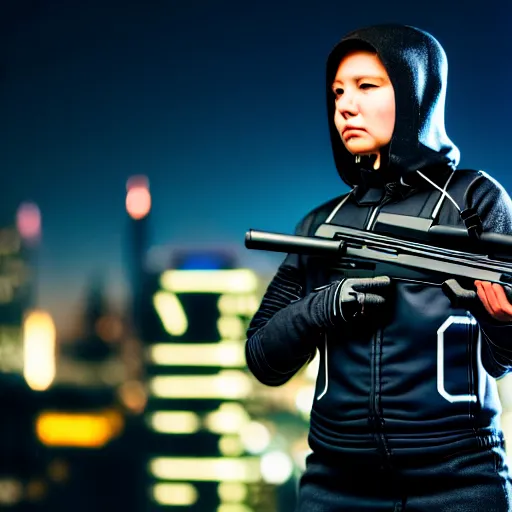 Image similar to photographic portrait of a techwear woman holding a shotgun, closeup, on the rooftop of a futuristic city at night, sigma 85mm f/1.4, 4k, depth of field, high resolution, 4k, 8k, hd, full color, Die Hard, movies with guns, movie firearms