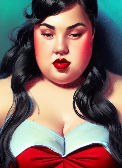 Image similar to full body portrait of teenage veronica lodge, obese, bangs, sultry, realistic, sultry smirk, wavy hair, red skirt, fat, belly, intricate, elegant, glowing lights, highly detailed, digital painting, artstation, concept art, smooth, sharp focus, illustration, art by wlop, mars ravelo and greg rutkowski