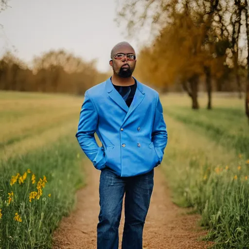 Prompt: steven bonnell ii in a blue jacket walking in a field, portrait photography, sony a 7 siii