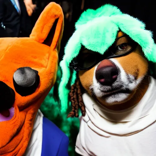 Image similar to snoop dog wearing a fox fursuit at a furry convention, indoor convention vendors