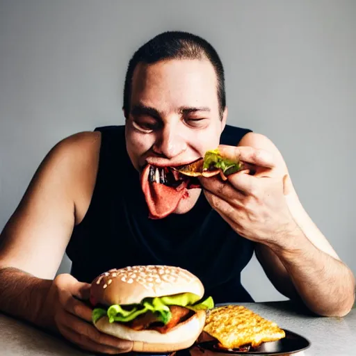 Image similar to he is eating a burger. he is eating it with his hands. he is eating it with his mouth. he is eating it with his teeth. he is eating it with his tongue. he is eating it with his lips. he is eating it with his cheeks