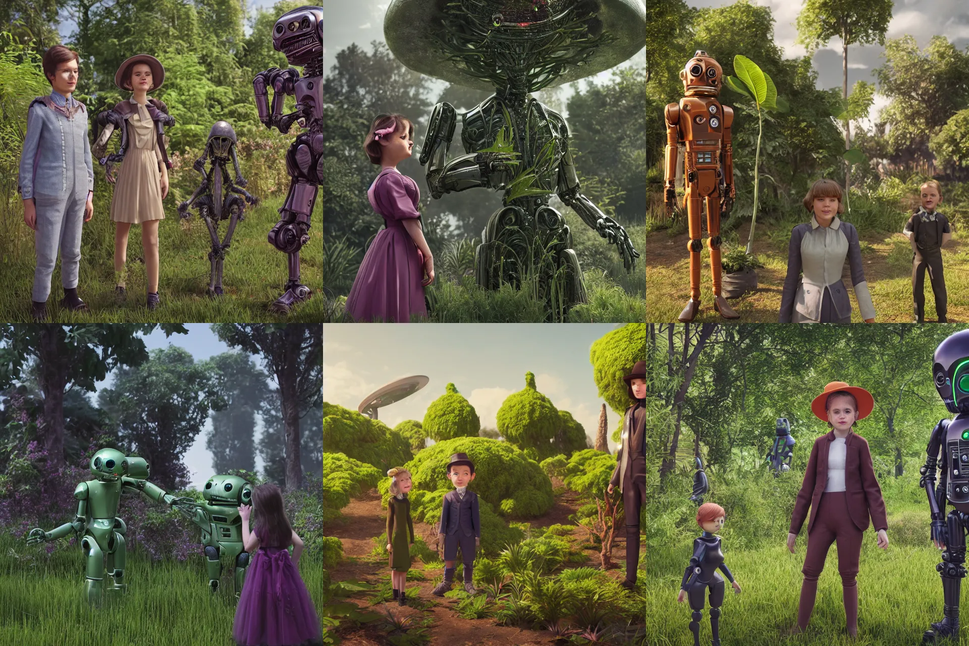 Prompt: a girl and a boy standing next to some alien plants, looking happy, both wearing victorian clothes, their pet droid is nearby, in a park on a alien planet, ultra realistic facial details, enhanced faces, ultra photorealistic raytracing, trending on artstation, 8k