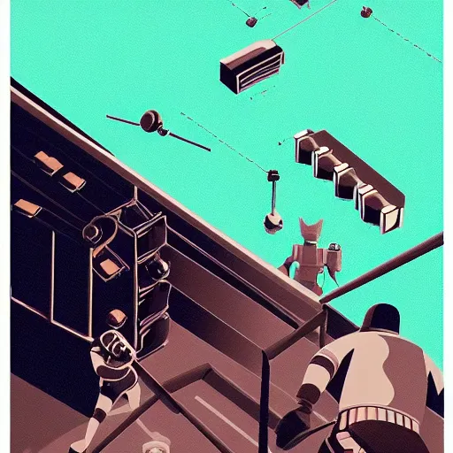 Image similar to a beautiful highly detailed vector illustration close up of a boxing match with robots in a factory, punk styling by atay ghailan, cliff chiang, loish and goro fujita, silver, silver, brown, black, blue and cyan tones, featured on artstation, featured on behance, grunge aesthetic