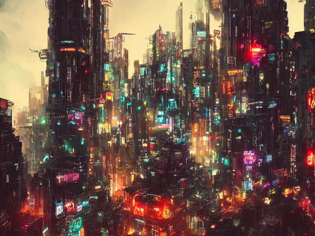 Image similar to a cinematic busy cyberpunk street in a mega city, large mega corp buildings dominate the skyline at dusk, cyberpunk art by liam wong, cgsociety, retrofuturism, futuristic, cityscape, dystopian art