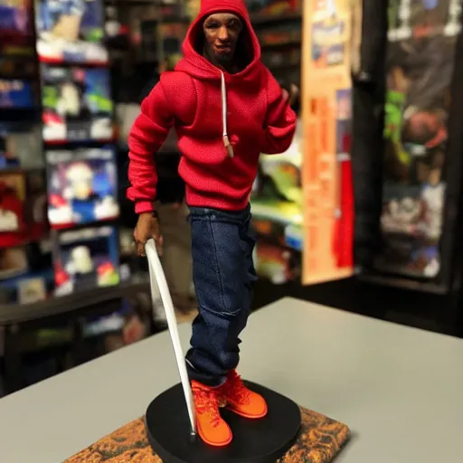 Prompt: Rapper Calvin Broadus as an action figure. PVC posable figure with 5 points of articulation.long-haired male dark hoodie. jeans. Classic action figure.