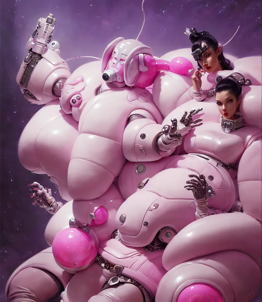 Prompt: beautiful fantasy character portrait, wearing pink puffy bomber jacket with white fur, seductive reclining pose, futuristic robots sitting, ultra realistic, dramatic lighting, robots, the fifth element artifacts, highly detailed by peter mohrbacher, hajime sorayama, wayne barlowe, boris vallejo, aaron horkey, gaston bussiere, craig mullins
