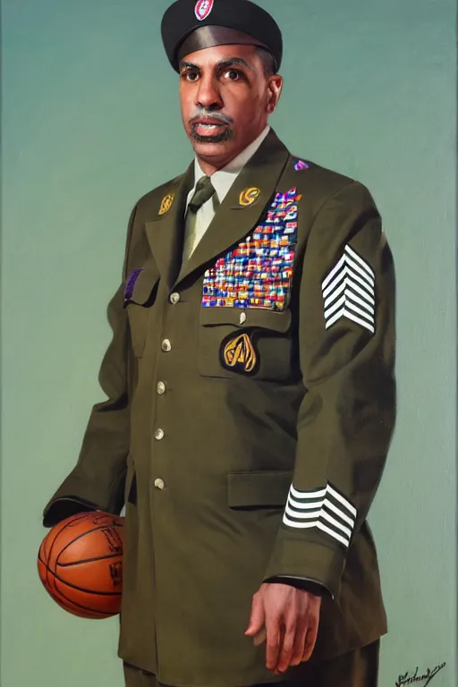 Image similar to full body portrait of the dictator of the los angeles lakers, 1 9 5 5, in full military garb, oil on canvas by william sidney mount, trending on artstation