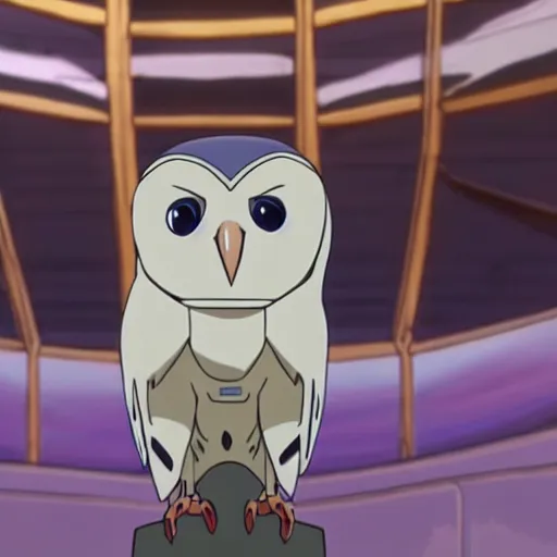 Image similar to a shot of a barn owl in a suit in evangelion 1 0 movie, movie shot, anime, hightly detailed, rescalated 4 k, detailed