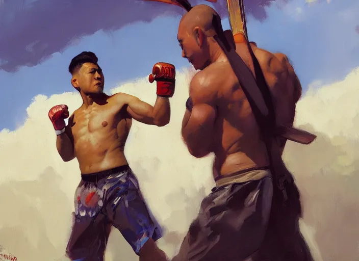 Image similar to greg manchess painting of a filipino mma fighter with a sword, organic painting, sunny day, matte painting, bold shapes, hard edges, street art, trending on artstation, by huang guangjian, gil elvgren, ruan jia, randy vargas, greg rutkowski