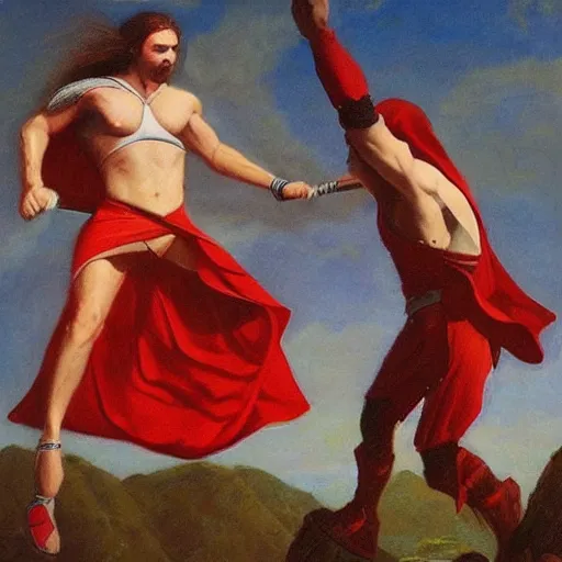 Prompt: “Spartans in battle uniform jumping on trampoline red robe and cape swinging spear swords shield Greece Hercules in the style of Edward hooper”