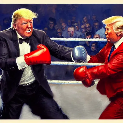 Prompt: a beautiful painting of donald trump fist - fighting joe biden in a boxing ring, rendered art, highly detailed painting by gaston bussiere, craig mullins, j. c. leyendecker 8 k, trending on artstation, art, fighting, watercolor