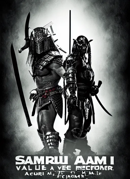 Prompt: movie film poster art for samurai vs predator film staring hiroyuki sanada. in the style of ansel adams, frank frazzetta, warcraft