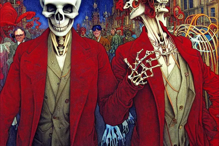 Image similar to realistic detailed closeup portrait painting of a single skeleton wearing red velvet blazer in a crowded futuristic moscow street by Jean Delville, Amano, Yves Tanguy, Alphonse Mucha, Ernst Haeckel, Edward Robert Hughes, Roger Dean, rich moody colours, blue eyes