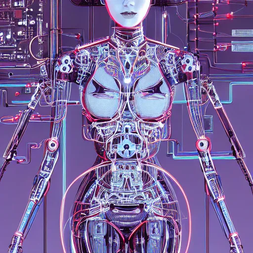 Image similar to a beautiful body of a bot pilot woman mostly made of wires and electronic circuits, an ultrafine detailed illustration by james jean, final fantasy, intricate linework, bright colors, behance contest winner, vanitas, angular, altermodern, unreal engine 5 highly rendered, global illumination, radiant light, detailed and intricate environment