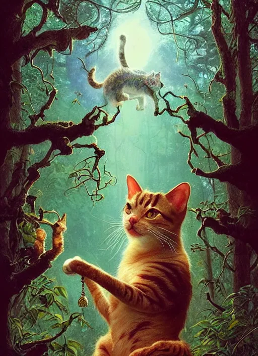 Image similar to a hyper realistic cat god with happy lighting and technology jewelry in the woods gorgeous lighting, sunbeams blue sky, lush forest foliage painting by chiara bautista and beksinski and norman rockwell and greg rutkowski weta studio, and lucasfilm