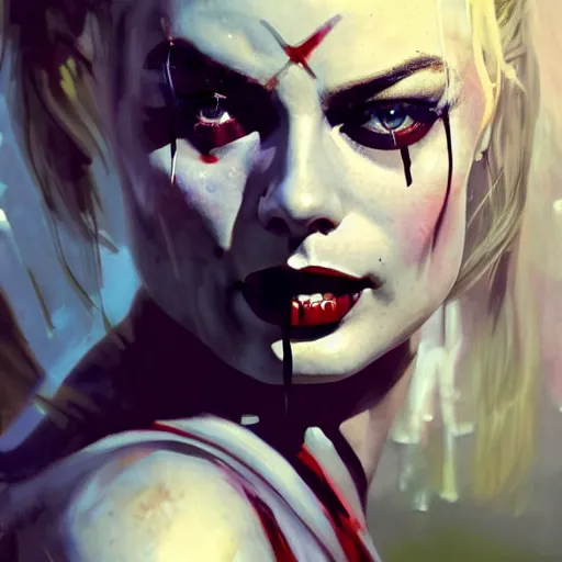 Image similar to margot robbie as harley quinn, hyperrealistic full figure, bladerunner street alley, art of elysium by frank frazetta and by jeremy mann and by alphonse mucha, fantasy art, photo realistic, dynamic lighting, artstation, full figure poster, volumetric lighting, very detailed face, 4 k, award winning