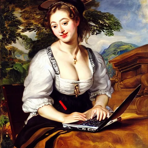 Image similar to heavenly summer sharp land sphere scallop well dressed lady working on her laptop auslese, by peter paul rubens and eugene delacroix and karol bak, hyperrealism, digital illustration, fauvist