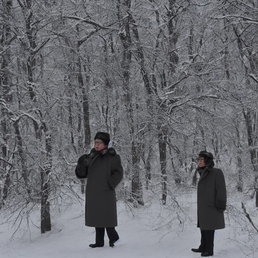 Image similar to filmstill of Kim Jong-il wearing a furry chapka and playing the role of Omar Sharif in Doctor Zhivago by David Lean, man in grey winter coat, cold Russian winter, snow and trees, Prussian architecture, minimal composition, 1965, cinemascope, Eastman Color Negative 50T 5251 Neg. Film, epic romance