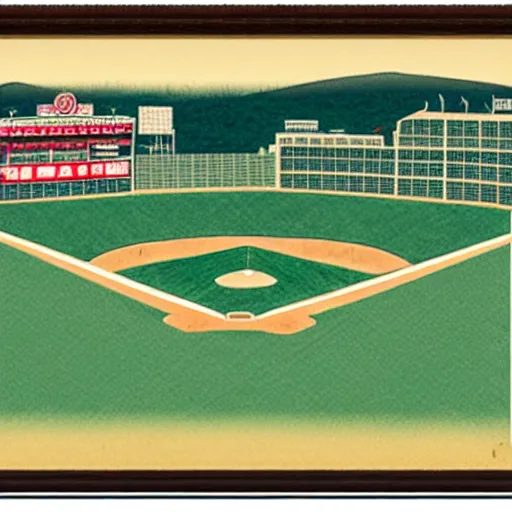 Image similar to ukiyo - e portrait of fenway park, green monster wall in left field, boston red sox