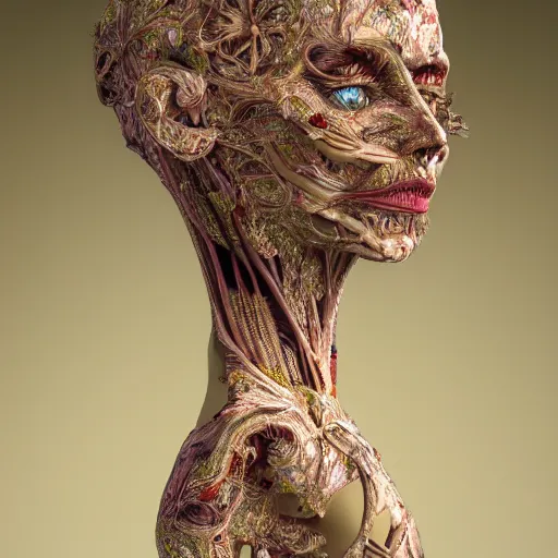 Image similar to beatifull face portrait of a woman, 150 mm, anatomical, flesh, flowers, mandelbrot fractal, facial muscles, veins, arteries, intricate, golden ratio, full frame, microscopic, elegant, highly detailed, ornate, ornament, sculpture, elegant , luxury, beautifully lit, ray trace, unreal, 3d, PBR, in the style of peter Gric , alex grey and Romero Ressendi