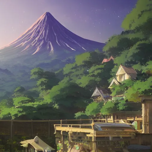 Image similar to a beautiful picture of a peaceful village at the foot of an asleep volcano by makoto shinkai and greg rutkowski, studio ghibli, trending on artstation