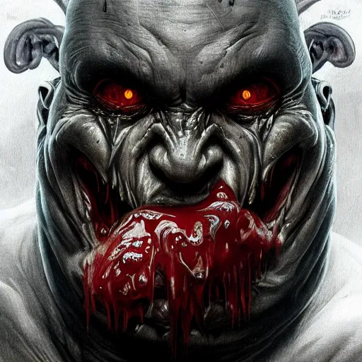 Image similar to Dark Fantasy Painting of a hulking muscular demonic flesh creature with drool dripping from its mouth, creepy, unsettling, horror, upper body, intricate, wild, highly detailed, digital painting, artstation, concept art, smooth, sharp focus, illustration, art by artgerm and greg rutkowski and alphonse mucha