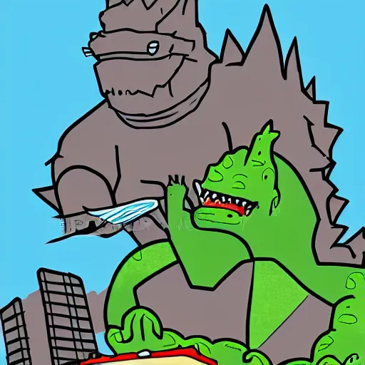 Prompt: godzilla cartoon style, with one hand destroys the city, with the other one eats cake