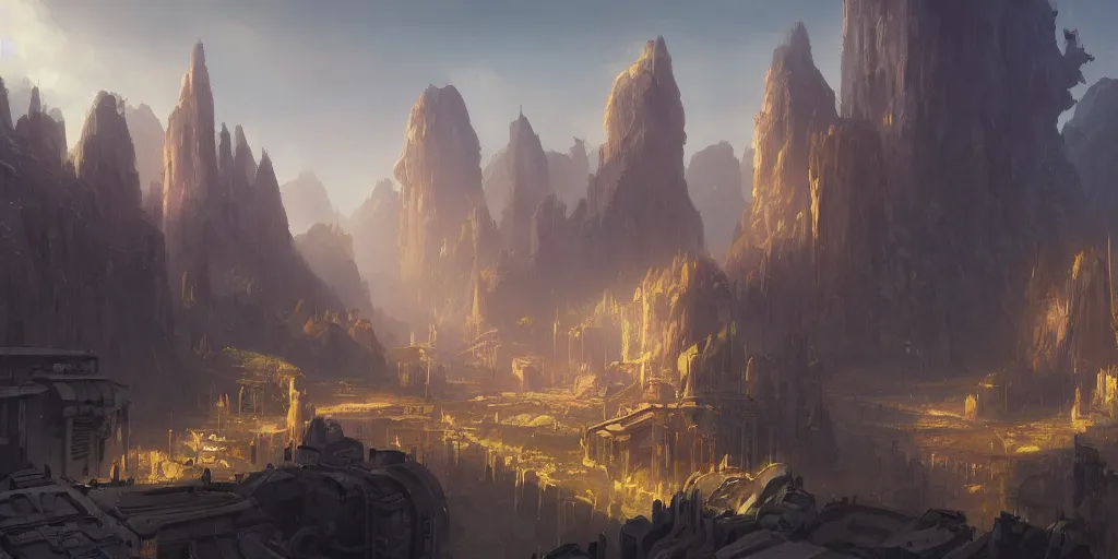 Image similar to a science - fiction city in a valley, with a gigantic futuristic mill and towers, fortress, morning, andreas rocha, artstation, matte painting