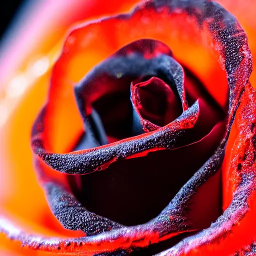 Image similar to award - winning macro of a beautiful black rose made of glowing molten magma