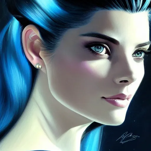 Image similar to Ashley Greene's face combined with Grace Kelly's face with blue hair as a Space Marine, western, D&D, fantasy, intricate, elegant, highly detailed, digital painting, artstation, concept art, matte, sharp focus, illustration, art by Artgerm and Greg Rutkowski and Alphonse Mucha