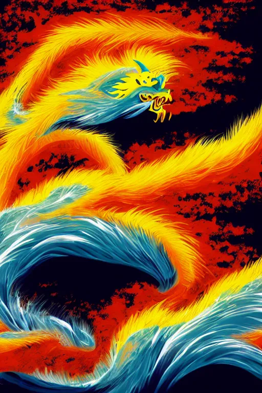 Prompt: Japanese poster art of a Asian dragon in front of a wavy sea during a thunderstorm, adobe illustrator, blue and yellow colour scheme, 4k, abstract design,