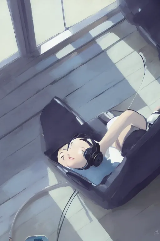 Prompt: a cute young woman lying in a ball chair listening to music with her eyes closed and wearing headphones, black bob cut hair, freckles, cozy setting, blue and white, warm lighting, cinematic, moody, nier automata, poster, oil on canvas, in the style of Ilya Kuvshinov, Krenz Cushart, Range Murata, Eero Aarnio, 8k