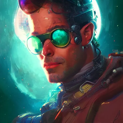 Image similar to a head and shoulders portrait of a space cowboy, neon, retro, steampunk, smooth, sharp focus, intricate, artstation, detailed concept art by Marc Simonetti