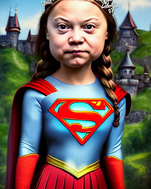 Prompt: highly detailed closeup, face profile portrait of greta thunberg as supergirl as a fairytale princess wearing a crown eating cakes in the castle, bikini, unreal engine, nicoletta ceccoli, mark ryden, earl norem, lostfish, global illumination, detailed and intricate environment