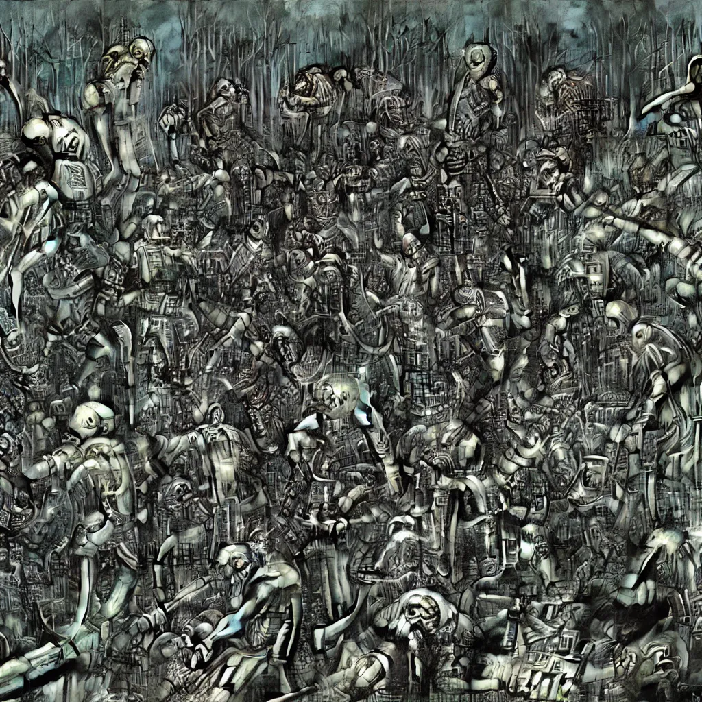 Prompt: 1000000 robots fighting in forest H.R. Giger