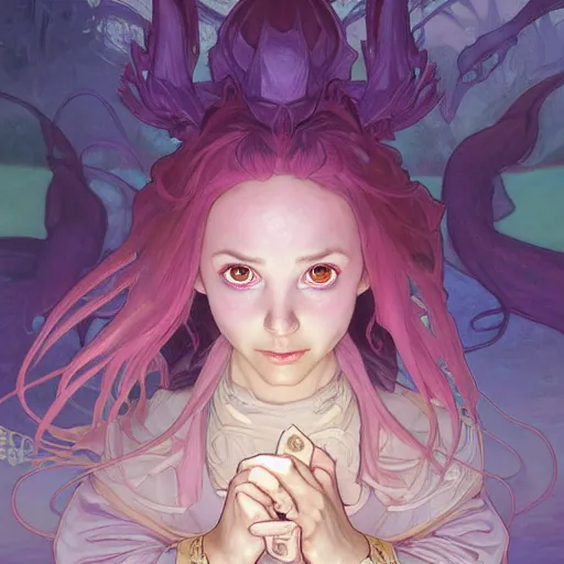 Image similar to portrait of small pink kobold sorcerer, by artgerm and greg rutkowski and alphonse mucha and andrei riabovitchev and Rossdraws and Bluesssatan and Mandy Jurgens and Stjepan Sejic, 4k oil on linen, vivid colors, colorful, photorealistic, high dynamic range, HDR, intricate, elegant, highly detailed, digital painting, artstation, concept art, smooth, sharp focus, illustration, mid-shot, medium shot, hyperdetailed