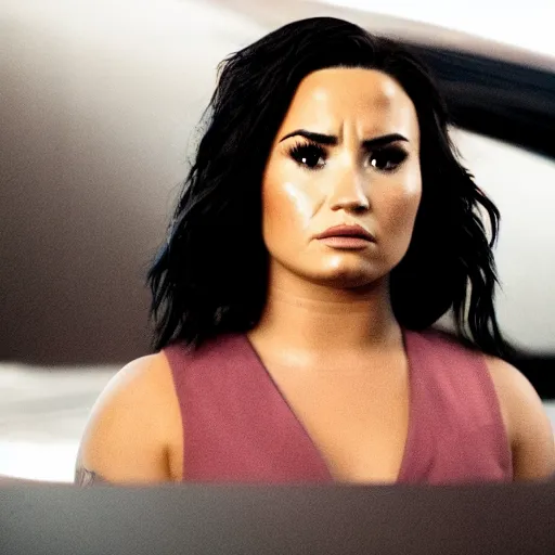 Image similar to close-up of Demi Lovato as a detective in a movie directed by Christopher Nolan, movie still frame, promotional image, imax 70 mm footage