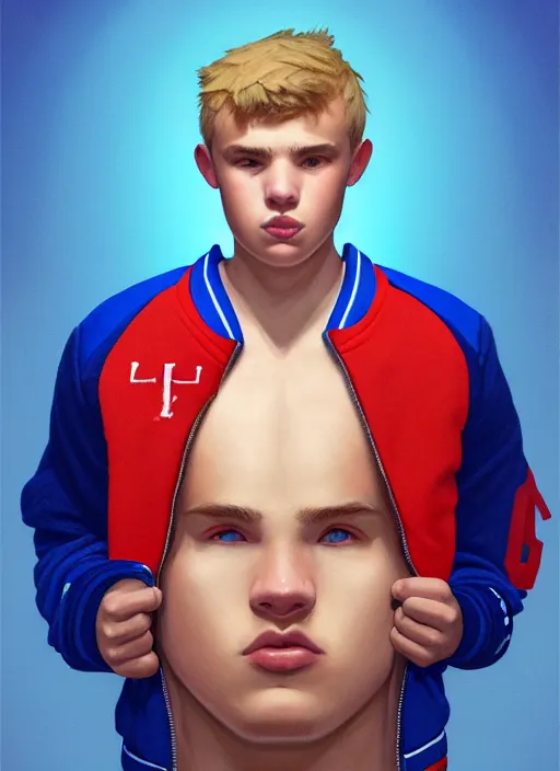 Image similar to portrait of high school senior boy named big moose, blonde short hair, jock, beefy, wide face, square jaw, square facial structure, blue varsity jacket with letter r, intricate, elegant, glowing lights, highly detailed, digital painting, artstation, concept art, sharp focus, illustration, art by wlop, mars ravelo and greg rutkowski